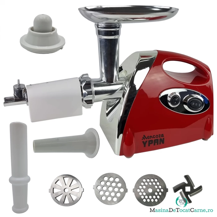Masina de tocat carne 4 in 1 Mencoza by Ypan, 2500W, accesoriu suc de rosii, carnati, chitfele, 3 site, functia revers, motor cupru