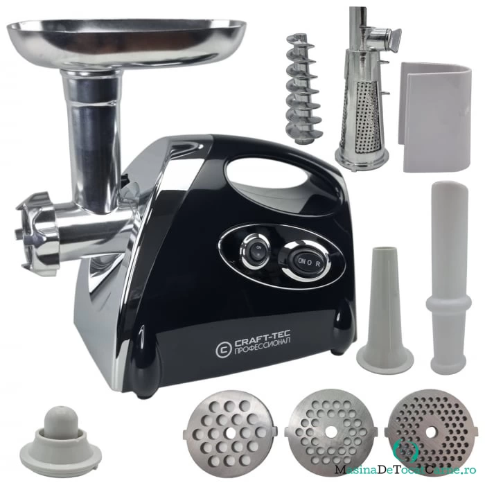 Masina de tocat carne Craft-Tec Neagra 3500W, Accesorii rosii, carnati, chiftele, 3 site, functia revers, motor cupru